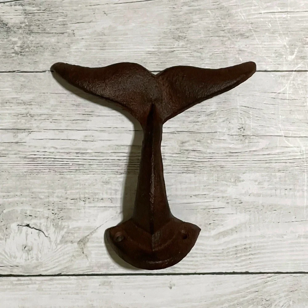 Cast Iron Whale Tail Wall Hook Rustic Brown Nautical Fluke Coat Towel Hanger 5in